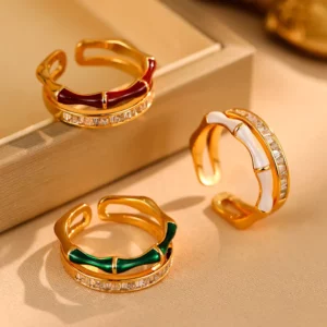 gold plated copper bamboo zircon open ring – elegant minimalist finger jewelry
