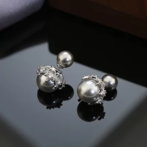 front & back crown pearl style stud earrings – french elegant statement jewelry