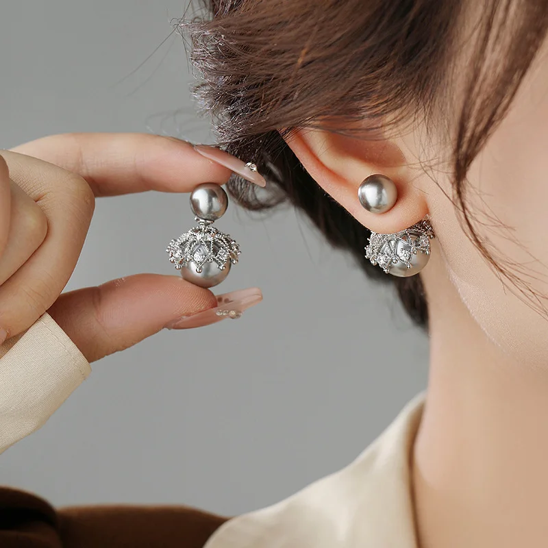 Front & Back Crown Pearl-Style Stud Earrings – French Elegant Statement Jewelry front & back crown pearl style stud earrings – french elegant statement jewelry