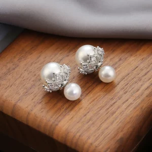 front & back crown pearl style stud earrings – french elegant statement jewelry