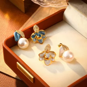 enamel petal pearl style stud earrings – french vintage court elegance