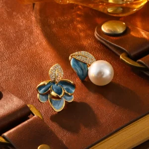 enamel petal pearl style stud earrings – french vintage court elegance