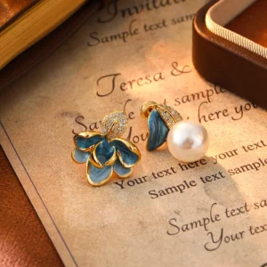 enamel petal pearl style stud earrings – french vintage court elegance