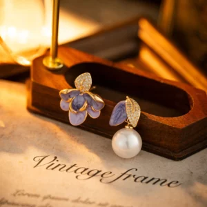 enamel petal pearl style stud earrings – french vintage court elegance