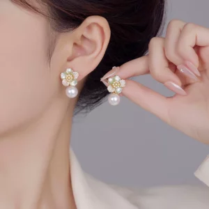 flower pearl style drop earrings – french elegant designer jewelry