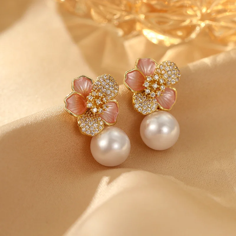 Flower Pearl-Style Drop Earrings – French Elegant Designer Jewelry flower pearl style drop earrings – french elegant designer jewelry