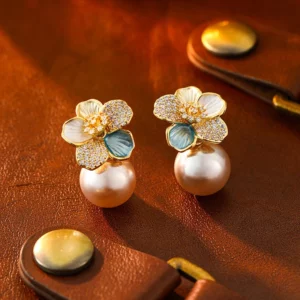 flower pearl style drop earrings – french elegant designer jewelry