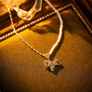 colorful horse pendant necklace with zircon & pearl beads – chic statement jewelry