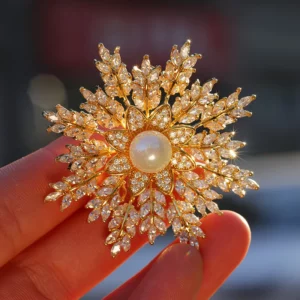 snowflake brooch with zircon & pearl accents – elegant fashion accessory