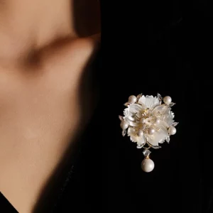 camellia flower brooch with mother of pearl, pearl & zircon – elegant floral pin