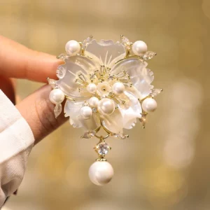 camellia flower brooch with mother of pearl, pearl & zircon – elegant floral pin