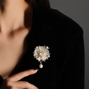 camellia flower brooch with mother of pearl, pearl & zircon – elegant floral pin