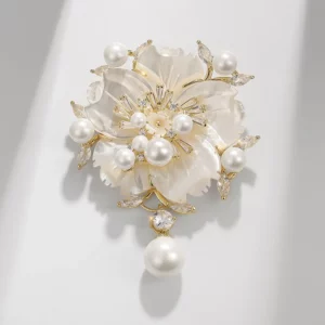 camellia flower brooch with mother of pearl, pearl & zircon – elegant floral pin