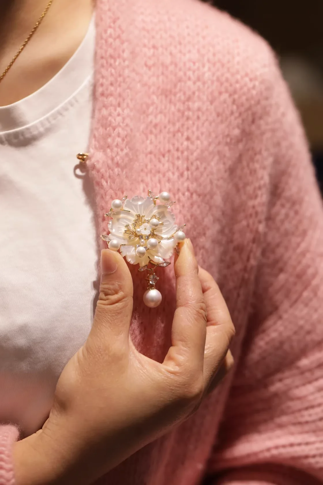 camellia flower brooch with mother of pearl, pearl & zircon – elegant floral pin