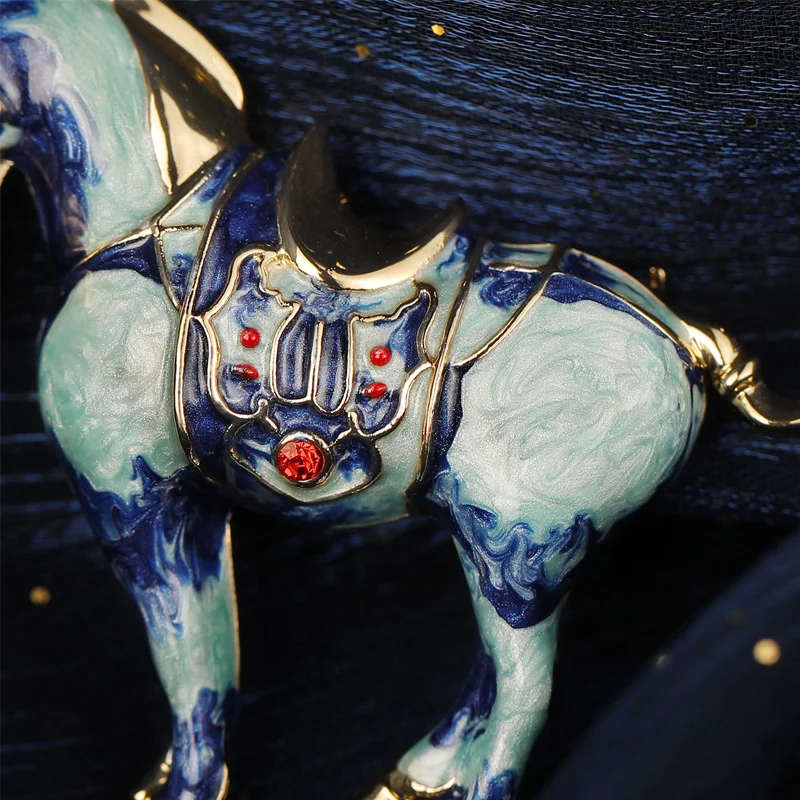 blue horse brooch with crystal accents – animal inspired statement pin
