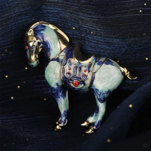 blue horse brooch with crystal accents – animal inspired statement pin