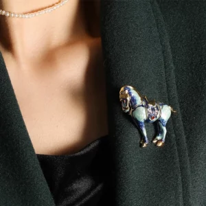 blue horse brooch with crystal accents – animal inspired statement pin