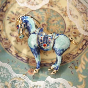 blue horse brooch with crystal accents – animal inspired statement pin