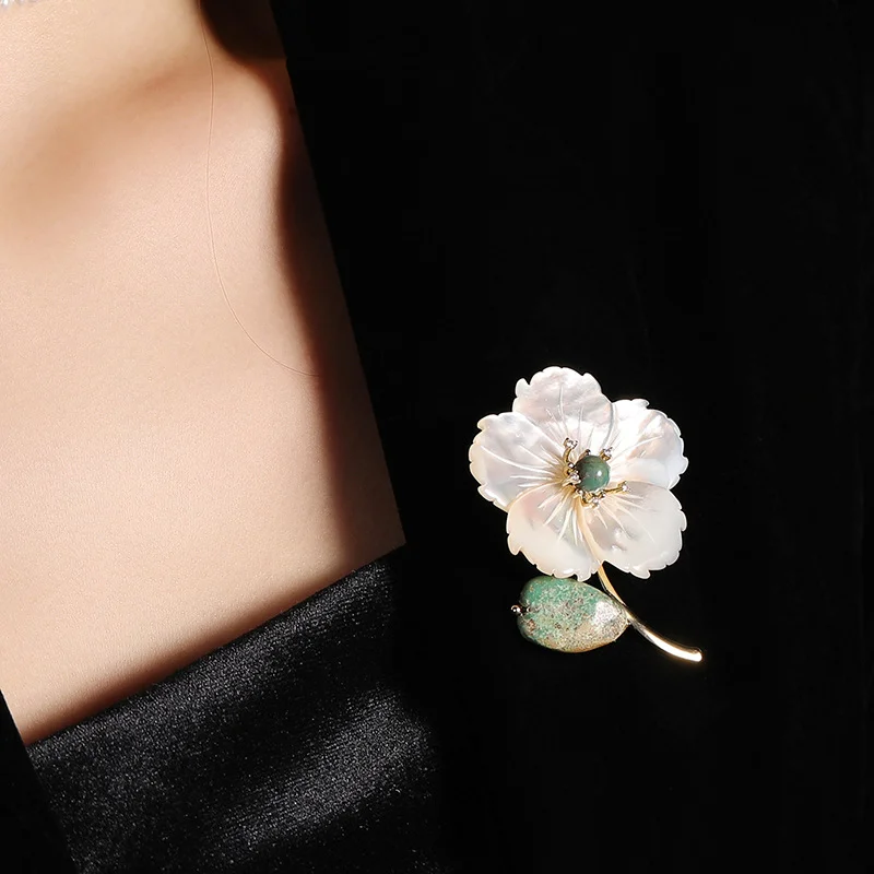 peach blossom brooch with mother of pearl accents – elegant floral pin
