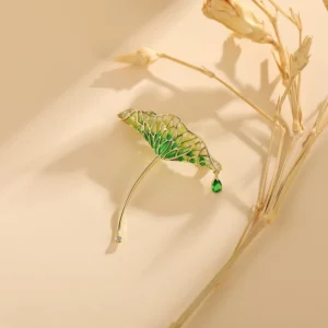 lotus leaf brooch with enamel finish & teardrop zircon – elegant fashion pin