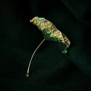lotus leaf brooch with enamel finish & teardrop zircon – elegant fashion pin