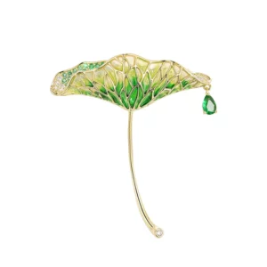 lotus leaf brooch with enamel finish & teardrop zircon – elegant fashion pin