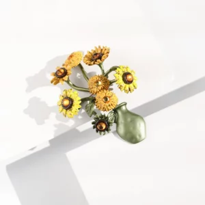 vintage sunflower vase brooch – art inspired enamel floral pin