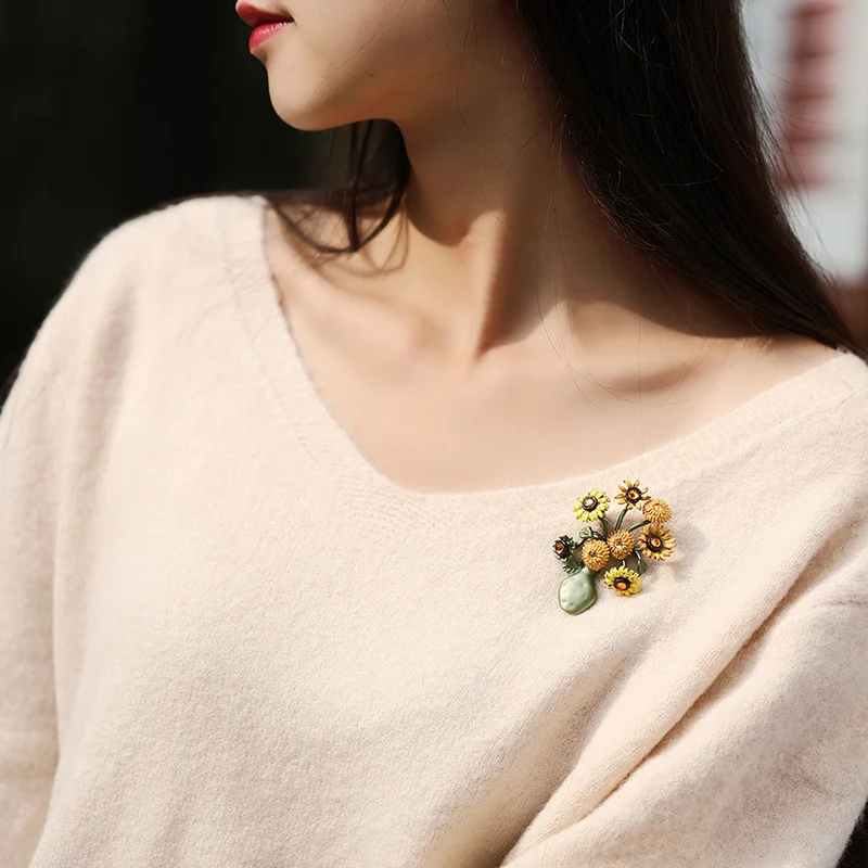vintage sunflower vase brooch – art inspired enamel floral pin