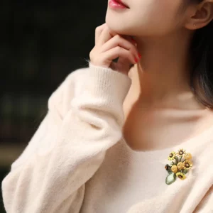vintage sunflower vase brooch – art inspired enamel floral pin