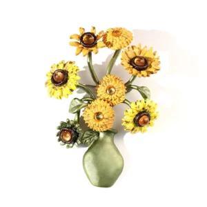 vintage sunflower vase brooch – art inspired enamel floral pin