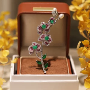 plum blossom brooch with agate & freshwater pearl – refined floral statement pin