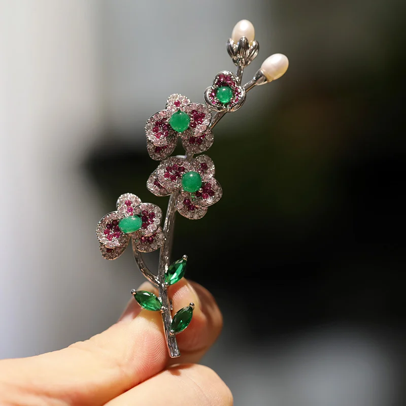 plum blossom brooch with agate & freshwater pearl – refined floral statement pin
