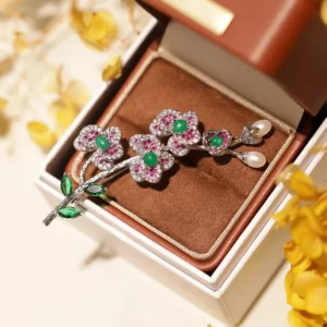 plum blossom brooch with agate & freshwater pearl – refined floral statement pin