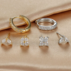 pavé crystal hoop & petal stud earrings – minimalist jewelry set