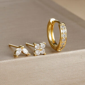 pavé crystal hoop & petal stud earrings – minimalist jewelry set