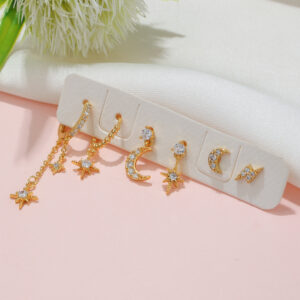 star moon tassel hexagram zircon earring set