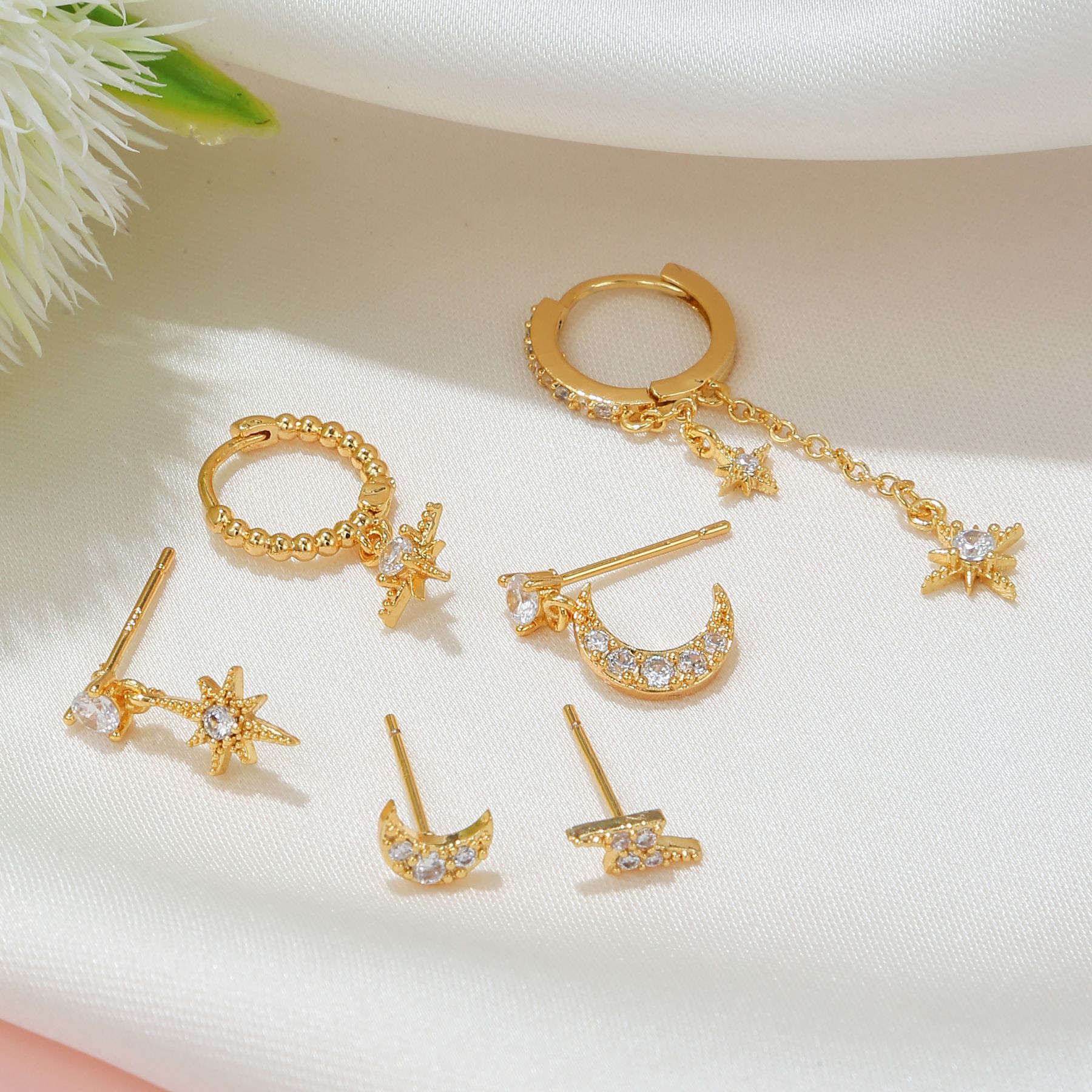 star moon tassel hexagram zircon earring set