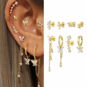 butterfly tassel chain zircon earring set