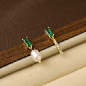 luxury emerald green pearl asymmetrical stud earrings – 14k gold tone, zircon & 925 sterling silver post