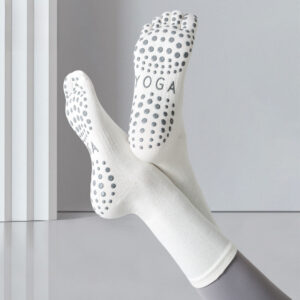 women's non slip five finger yoga socks mid calf crew length with silicone grips for pilates & barre