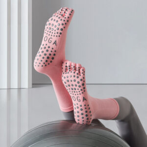 women's non slip five finger yoga socks mid calf crew length with silicone grips for pilates & barre