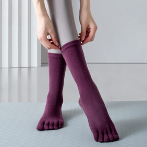 women's non slip five finger yoga socks mid calf crew length with silicone grips for pilates & barre