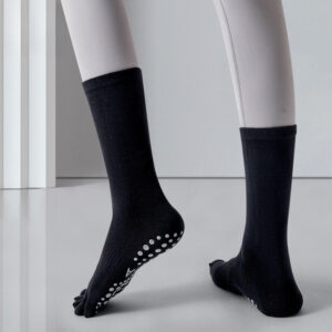 women's non slip five finger yoga socks mid calf crew length with silicone grips for pilates & barre