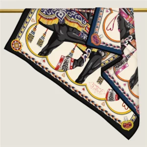 35" Double-Sided Horse & Heart Silk Scarf - Premium Hand-Rolled Square Shawl