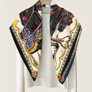 35" Double-Sided Horse & Heart Silk Scarf - Premium Hand-Rolled Square Shawl