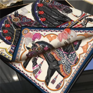 35" Double-Sided Horse & Heart Silk Scarf - Premium Hand-Rolled Square Shawl