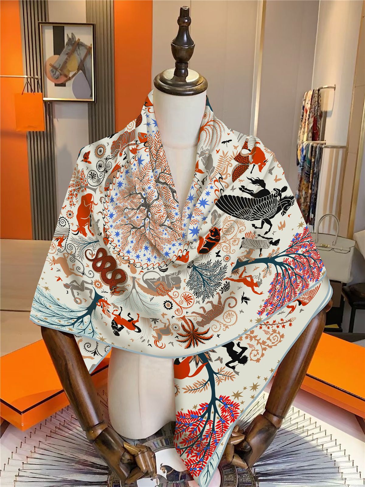 french jungle animal oversized scarf 51" luxury retro lion & horse print shawl for women