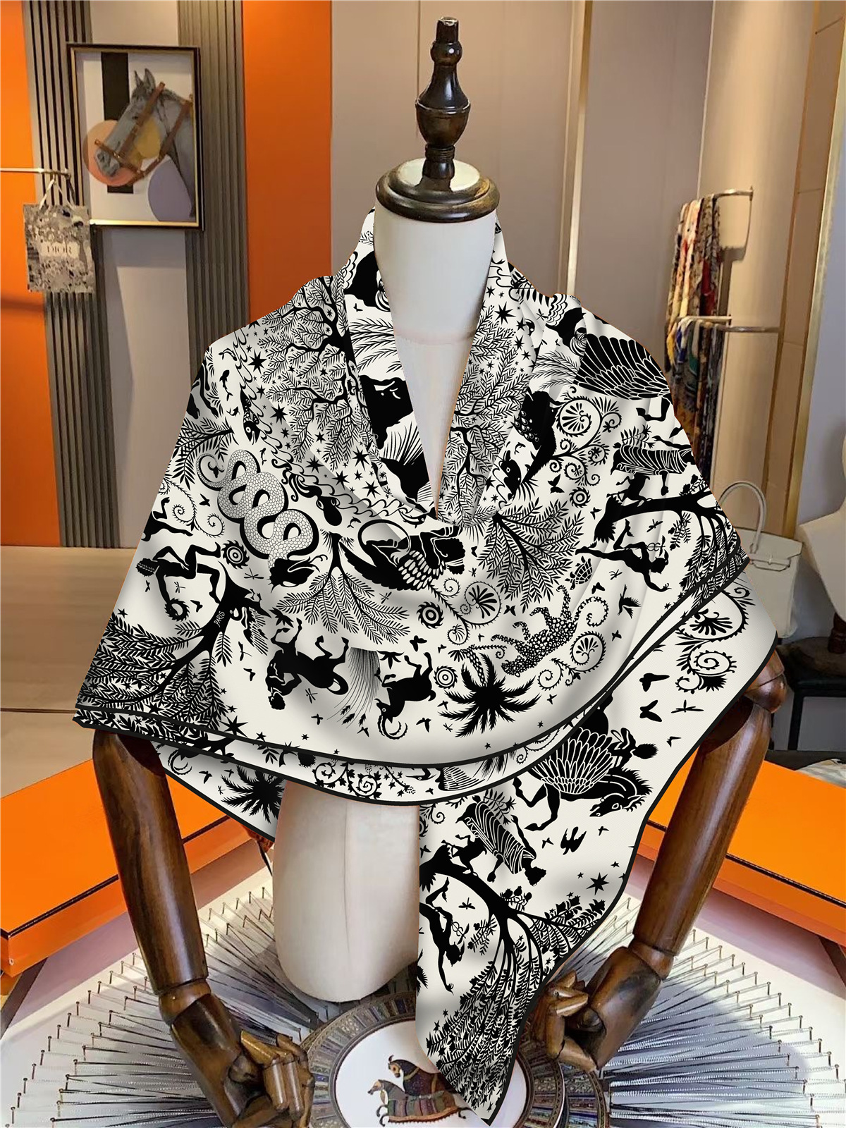french jungle animal oversized scarf 51" luxury retro lion & horse print shawl for women