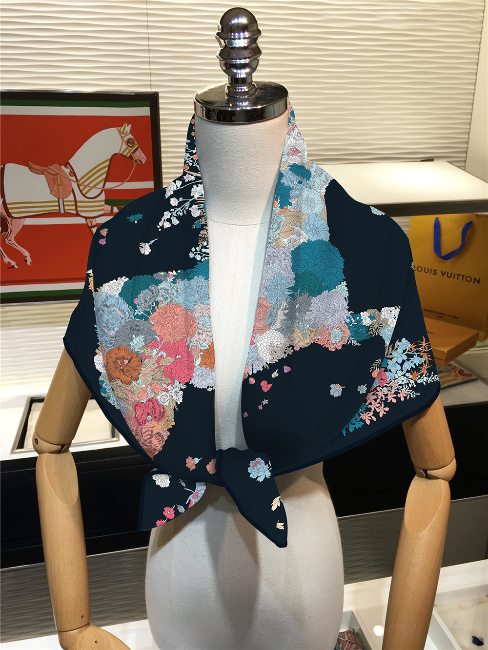 french horse & rose scarf 35" artistic twill square shawl